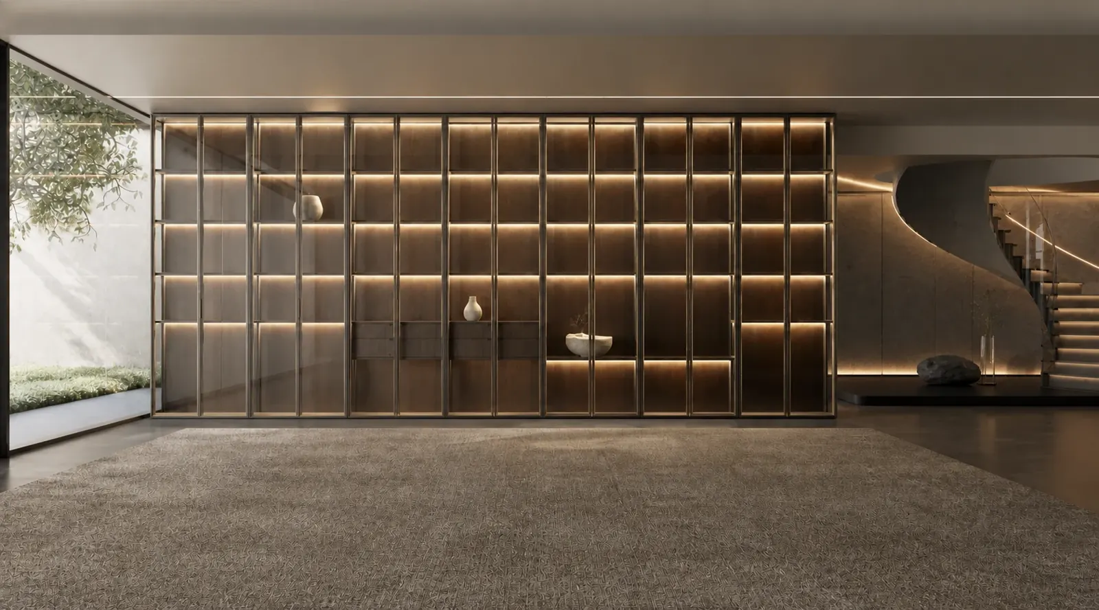 Illuminated glass cabinet system in a contemporary interior